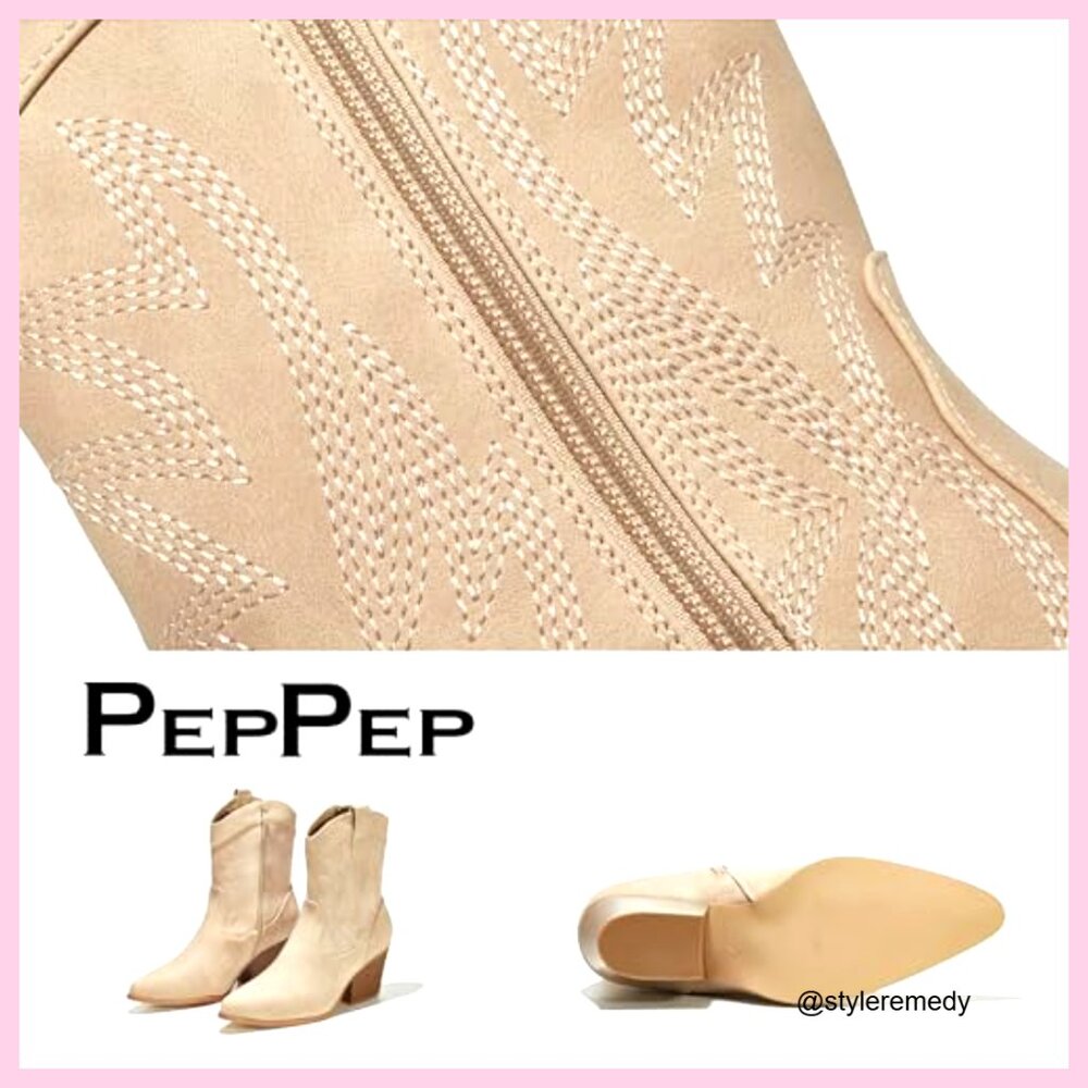 Vegan Leather Ankle Boots with Embroidery, Low Heel, Pointed Toe - Picture 6 of 7